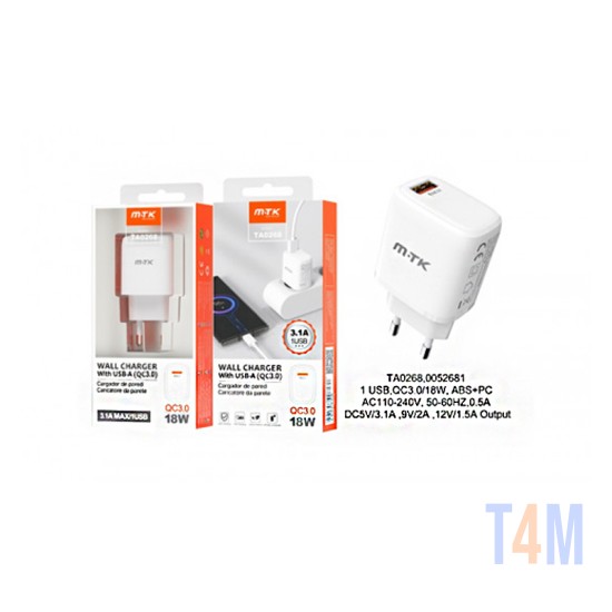 MTK FAST ADAPTER CHARGER TA0268 BL 1USB PORTS WHITE
